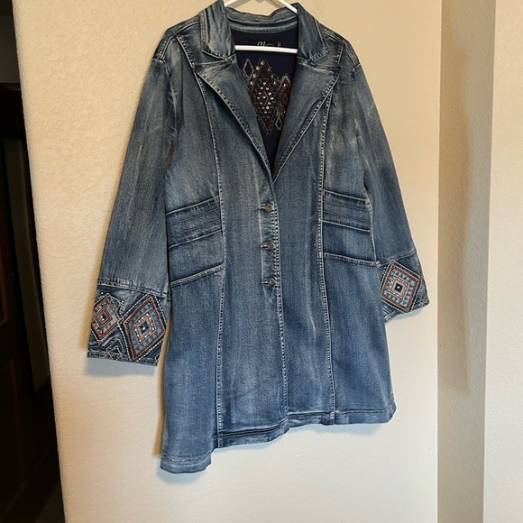 Midnight Velvet Denim Embroidered Jacket Longline Stud Embellishments Aztec Boho - Picture 2 of 11